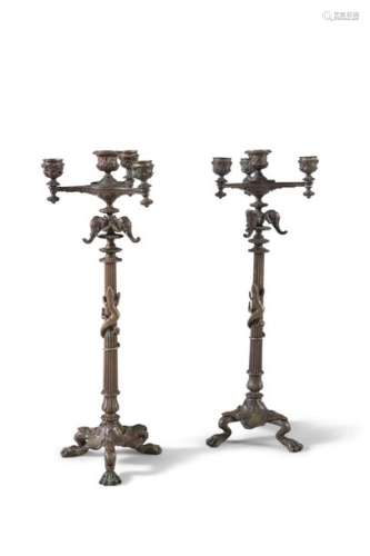 A PAIR OF BRONZE FOUR LIGHT CANDELABRA, in the Emp…
