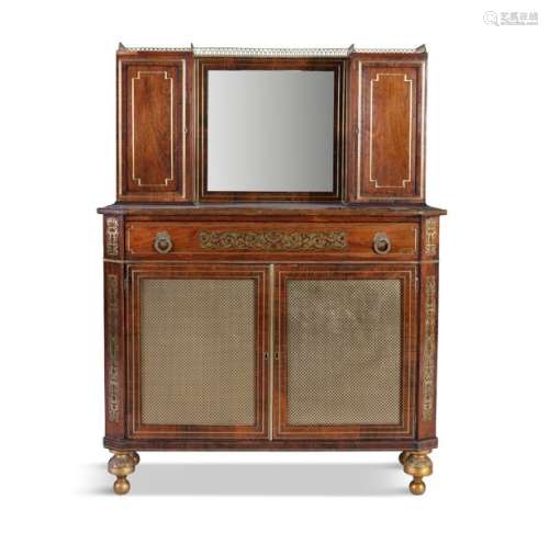 A REGENCY ROSEWOOD AND BRASS INLAID SIDE CABINET, …