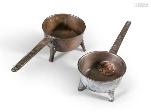 TWO 18TH CENTURY BRONZE SKILLETS, each of circular…