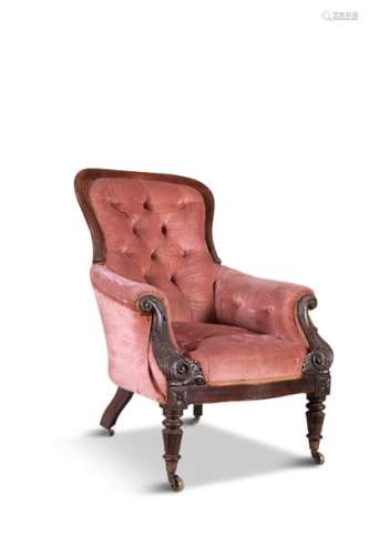 AN EARLY VICTORIAN MAHOGANY FRAMED ARMCHAIR, the d…