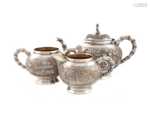 ΛA three piece Indian silver tea set, unmarked cir…