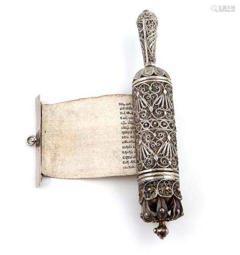 A 19th century silver filigree Torah scroll holder…