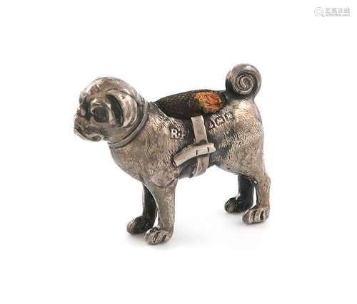 An Edwardian novelty silver pug dog pin cushion, b…