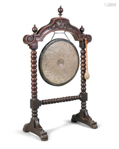 A VICTORIAN WALNUT FRAME DINNER GONG AND STAND, th…