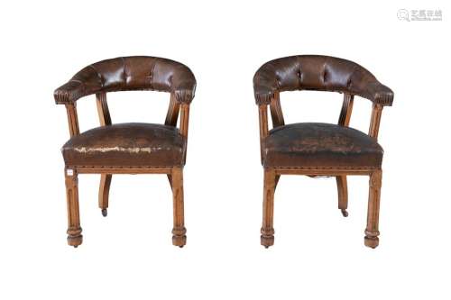 A PAIR OF PUGIN STYLE OAK FRAME TUB BACK CHAIRS, w…