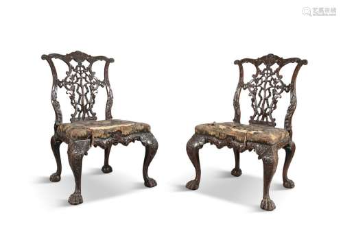 A PAIR OF GEORGE III CARVED MAHOGANY SIDE CHAIRS, …