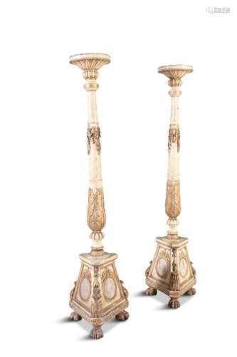 A PAIR OF 19TH CENTURY CARVED PAINTED AND PARCEL G…