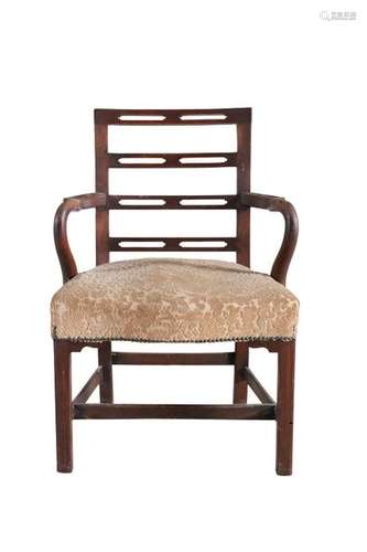 AN IRISH MAHOGANY LADDER BACK OPEN ARMCHAIR, mid 1…