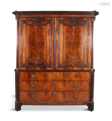 A DUTCH MAHOGANY NEO CLASSICAL LINEN PRESS, early …