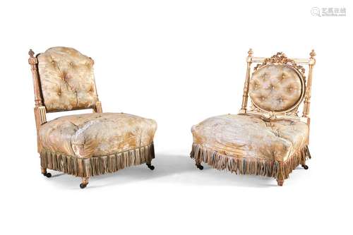 AN ELABORATE CARVED GILTWOOD BOUDOIR LOW CHAIR, la…