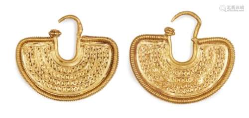 A pair of ancient gold fan-shaped earrings, the semi-circular panels with wire borders and decorated