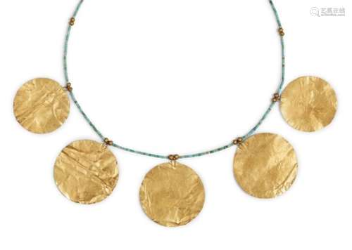 An ancient and modern sheet gold and turquoise necklace, comprised of five large flat gold discs