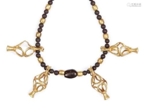 A composite ancient and modern glass, garnet and gold necklace with openwork vase elements, the