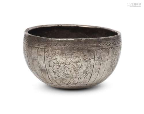 A Sasanian silver bowl, 6th-7th century A.D., with later added engraved decoration, of deep form and