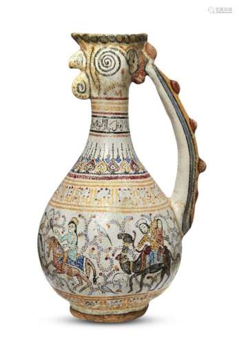 A large cockerel headed painted pottery ewer in the Seljuk-style, Iran, 19th century, of globular