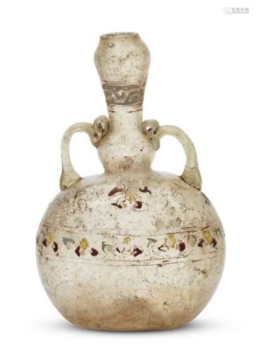 An Islamic enamelled two-handled flask, Syria, 13th century, the tulip-shaped mouth on a neck with a