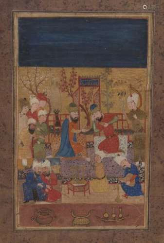 Two Kings at a Durbar, Shiraz, Iran, mid-16th century, gouache on paper heightened with gilt, in a