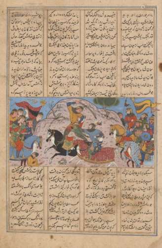 An illustration from a copy of the Shahnameh, Bukhara, circa 1550, gouache heightened with gold on