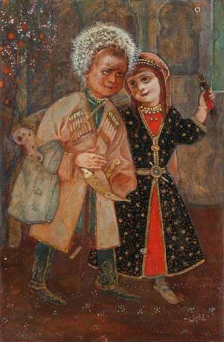 A signed watercolour of two Circassian children, Russian school, 19th century, signed in Persian