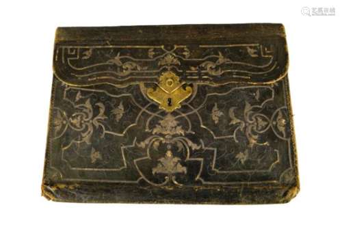 An unusually large dated Ottoman embroidered brown leather wallet, inscribed 