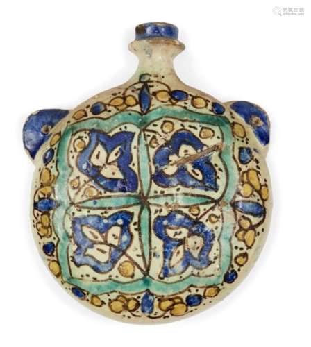 A polychrome painted Kutahya pottery flask, Turkey, 19th century, in turquoise, cobalt, yellow and
