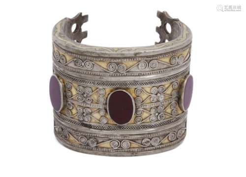 A Yomud silver parcel gilt cuff bracelet, Turkmenistan, 19th-20th century, with three horizontal