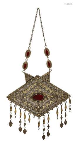 A large Turkman silver gilt pectoral with carnelians, Tekke, 19th-early 20th century, of diamond box