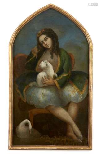 A Qajar portrait of a lady with cat, Iran, circa 1850, in an arched frame, 145cm. high x 84cm. diam.