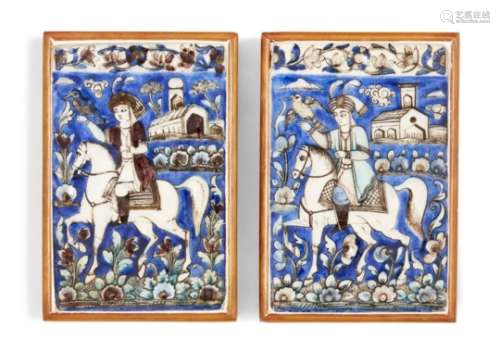 Two small Qajar moulded tiles, Isfahan, Iran, 19th century, underglaze painted in cobalt, turquoise,