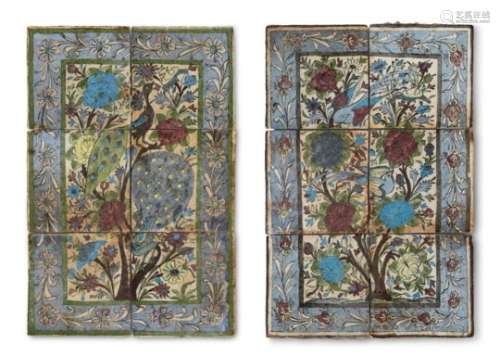 Two Qajar pottery pictorial tile panels, Iran, early 20th century, formed of 6 tiles each,