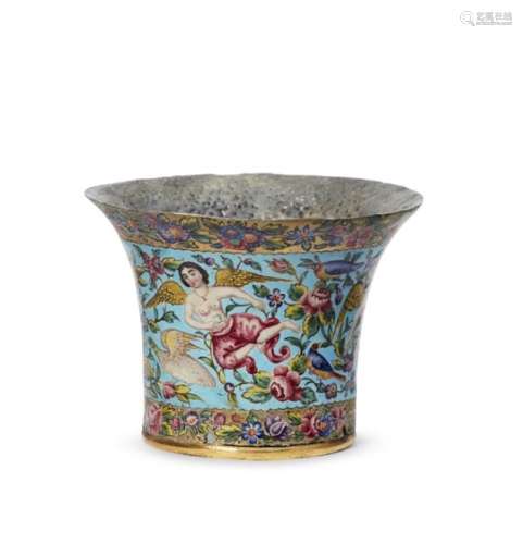 A Qajar enamelled qalian bowl, late 18th-early 19th century, of trumpet form, the surface