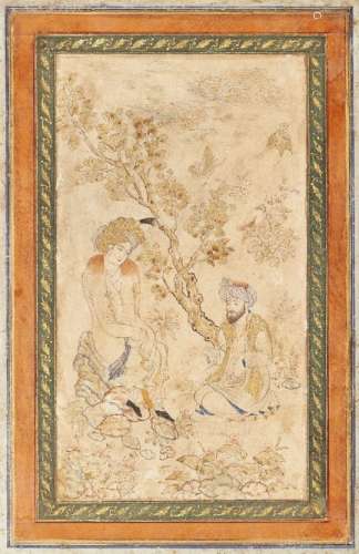 A Qajar painting of two lovers in a landscape, Iran, 19th century, in the Safavid style, opaque