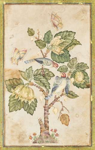A Qajar painting of gul 'o bul tree with nightingales, Iran, 19th century, gouache on paper, the two