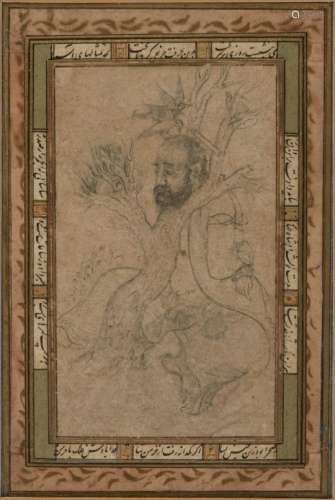 A Qajar portrait of a prisoner with his head pillored in the branches of a tree, Iran, 19th century,