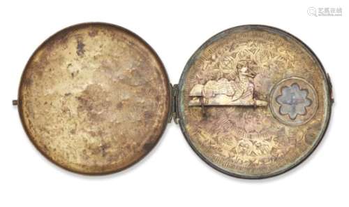 A Qajar engraved brass Qiblah indicator, Iran, 19th century, the lid opening, the face engraved with