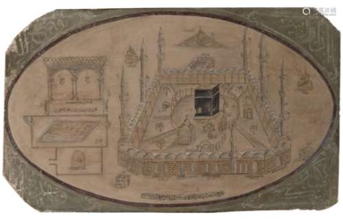 A painted stucco panel with view of Mecca, signed and dated 1311AH/1893-4AD, important building