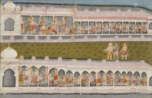 A palace scene from the Ramayana, Kangra or Guler, circa 1800, opaque pigments on paper heightened