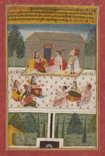 An illustration from a Ragamala, Jaipur, 19th century, gouache on paper, depicting a prince and
