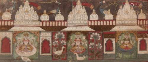 A Jain painting of three temples containing female deities, Jaipur, late 18th century, opaque