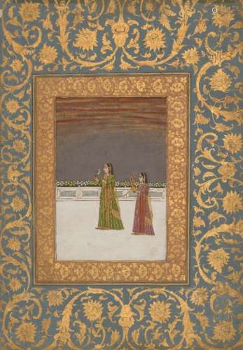 An Avadh lady with her attendant holding a hookah on a palace terrace, Murshidabad, 1760-70, gouache