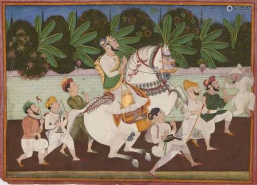 A processional group depicting a Kotah nobleman on horseback, Kotah, circa 1870, gouache on paper