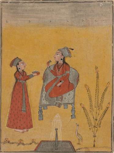 An enthroned princess drinking wine, her attendant approaching with a bowl of sweetmeats, Kulu,