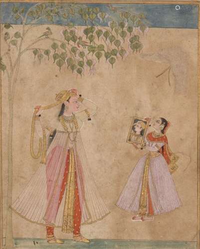 A lady arranging her turban whilst a maid holds up a mirror, Pahari, North India, 18th century,