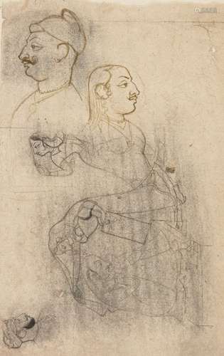 Studies of nobles, Kotah, Rajasthan, 19th/20th century, pencil on paper, depicting three studies