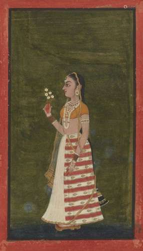 Standing portrait of a lady holding a flower sprig, probably Bundi, Rajasthan, 18th century,