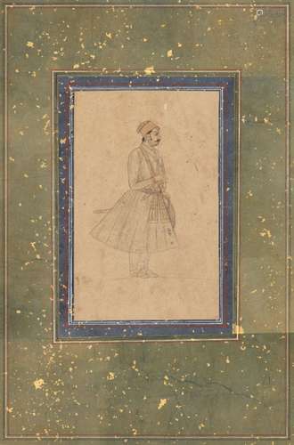 A drawing of a standing noble on an album page, Rajasthan, 19th century, pencil and opaque