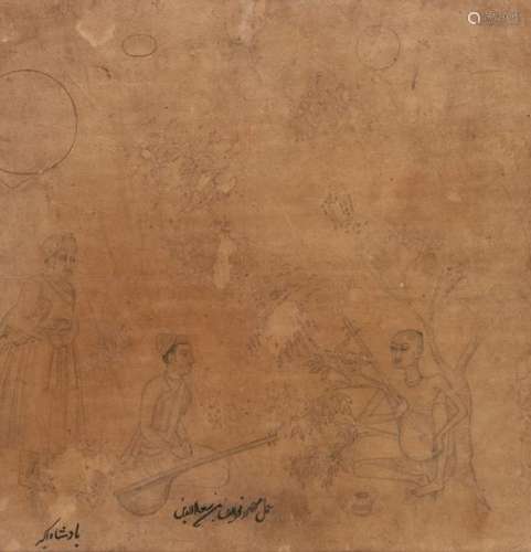 A signed Mughal drawing of Emperor Akbar with musicians, India, 19th century or earlier, ink on