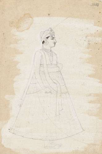 A drawing of a standing noble on buff paper, Rajasthan, India, 19th century, ink on paper, with