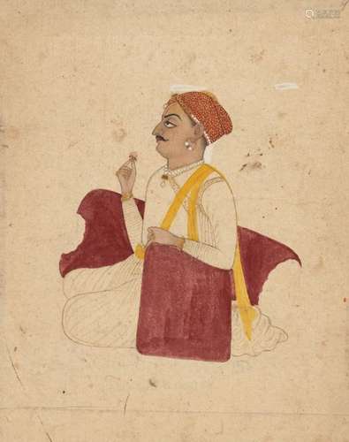 A nobleman seated against a bolster, a seated lady on reverse, Rajasthan, 19th century, opaque