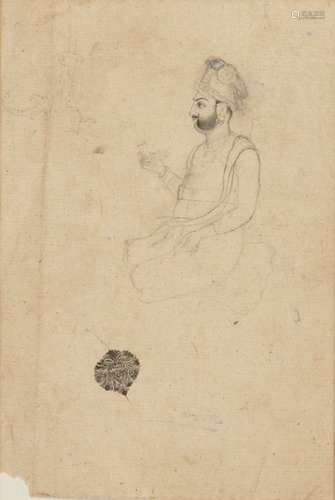 A drawing of a seated noble, Jaipur, 19th-20th century, pencil and opaque pigments on paper,